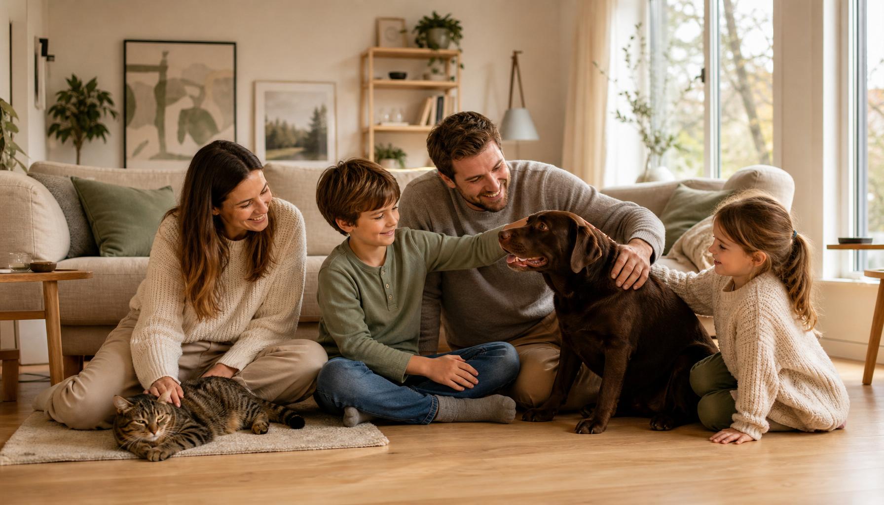 A Nordic family relaxing with their dog and cat in the living room