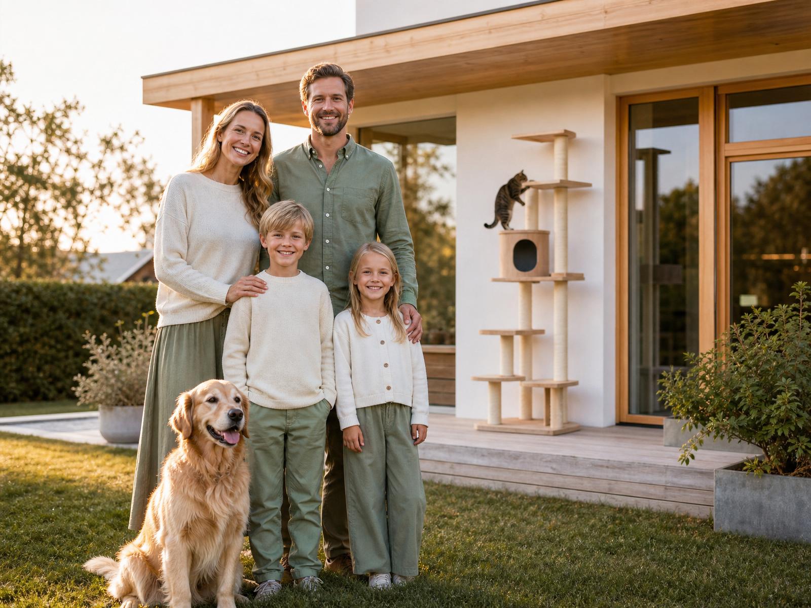 Nordic house at golden hour with a family and pets in front